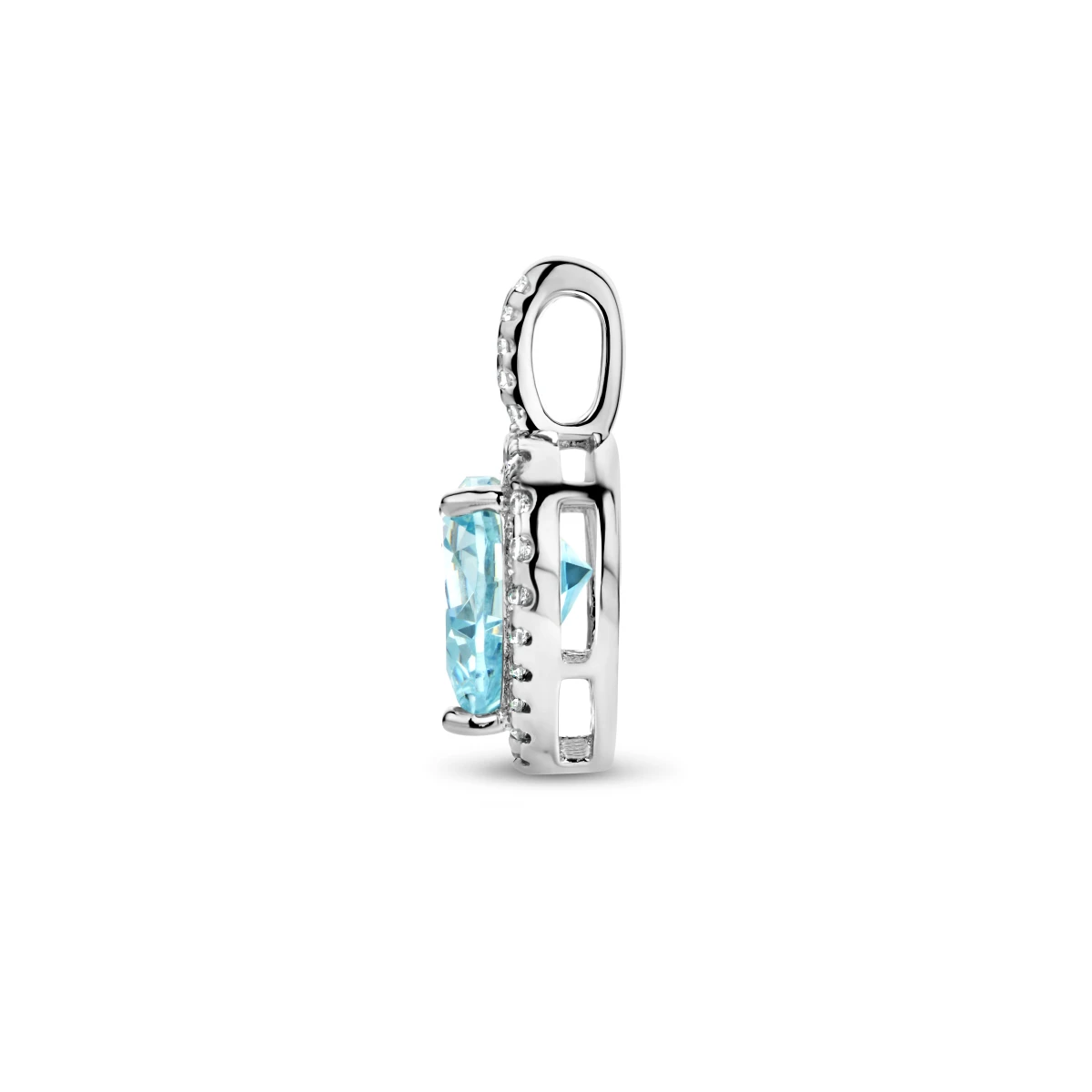 hanger hart wit en aquamarijnkleurig zirkonia halo zilver gerhodineerd
