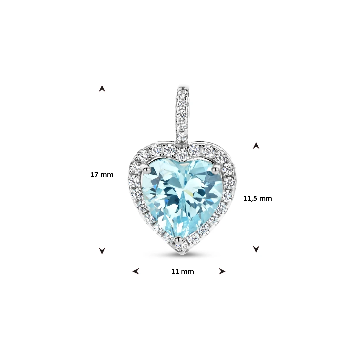 hanger hart wit en aquamarijnkleurig zirkonia halo zilver gerhodineerd