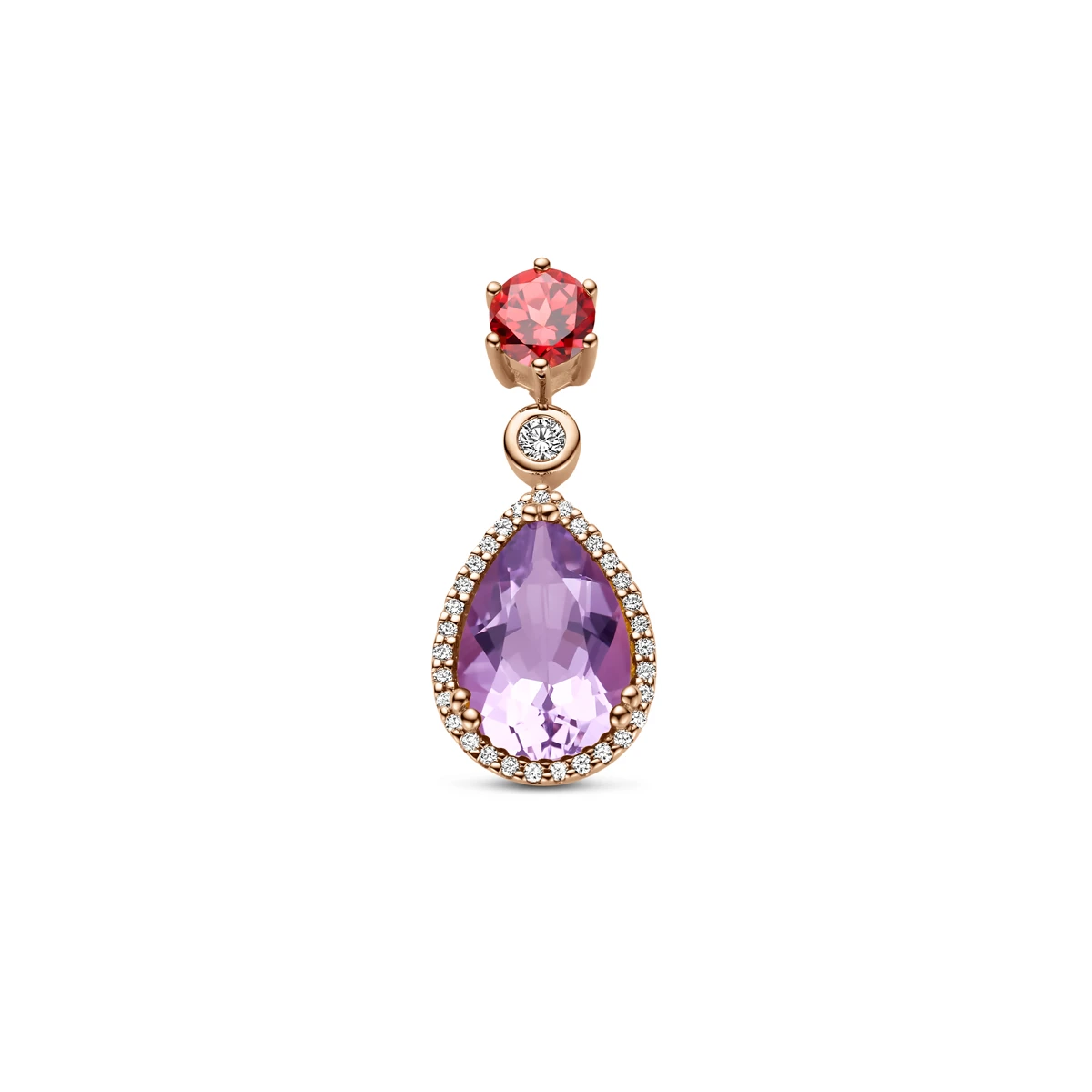 hanger roze amethist, roze rhodoliet en diamant 0.17ct h si halo 14K roségoud