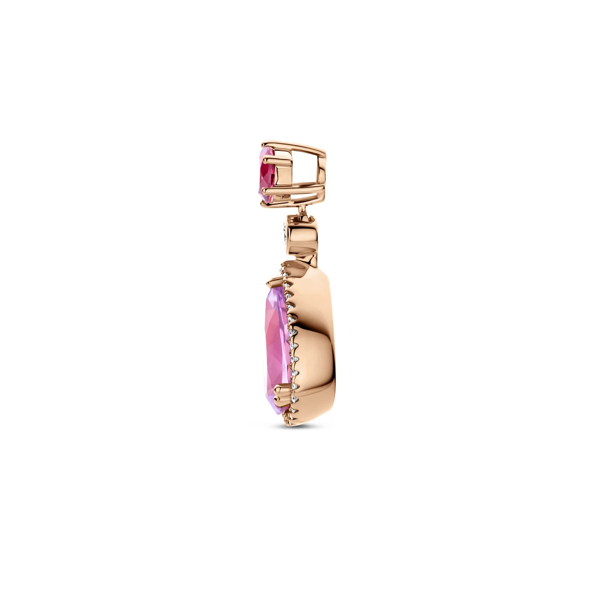 hanger roze amethist, roze rhodoliet en diamant 0.17ct h si halo 14K roségoud
