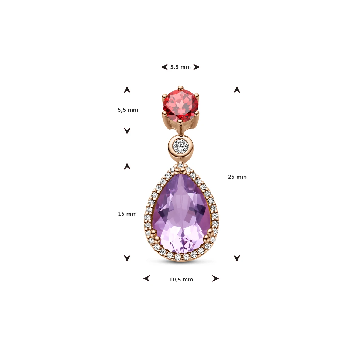 hanger roze amethist, roze rhodoliet en diamant 0.17ct h si halo 14K roségoud