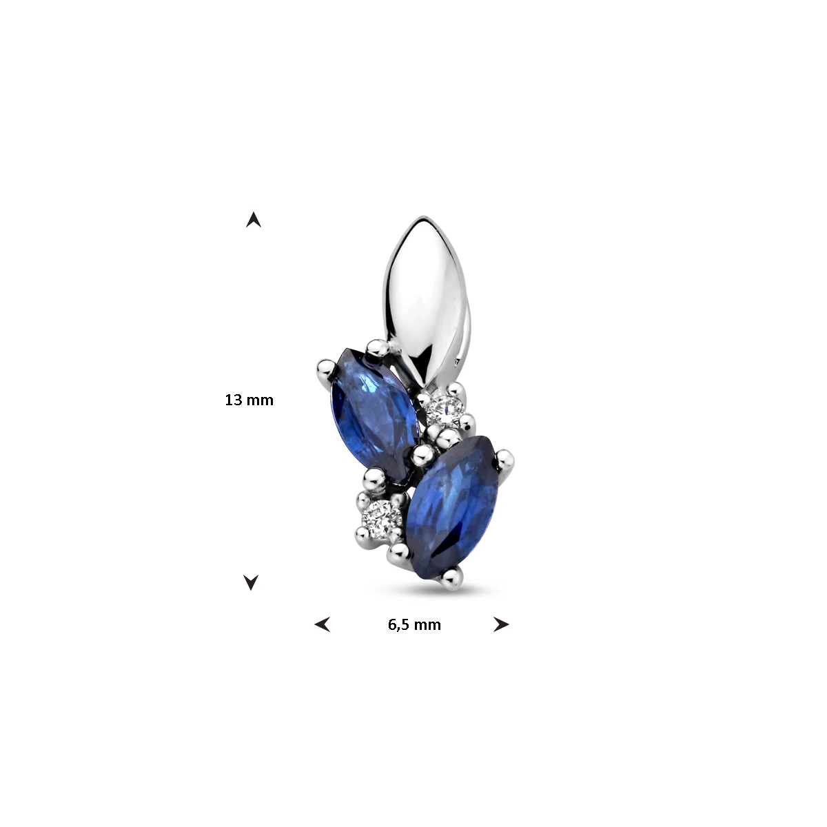 hanger saffier en diamant 0.02ct h p1 13 mm 14K witgoud