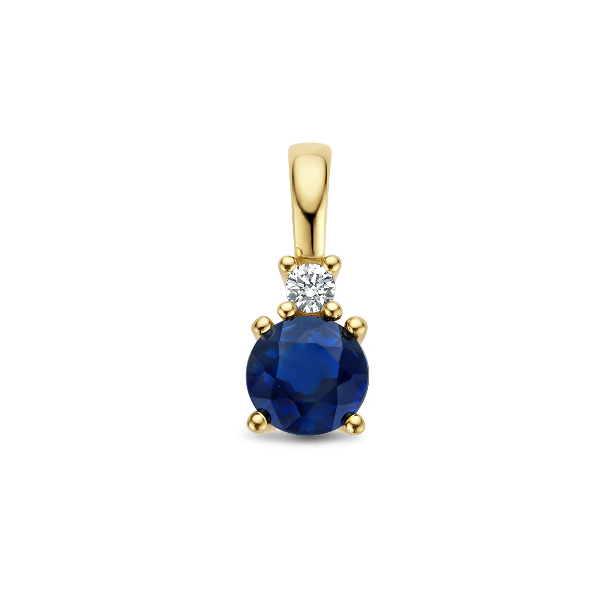hanger saffier en diamant 0.02ct h p1 14K geelgoud