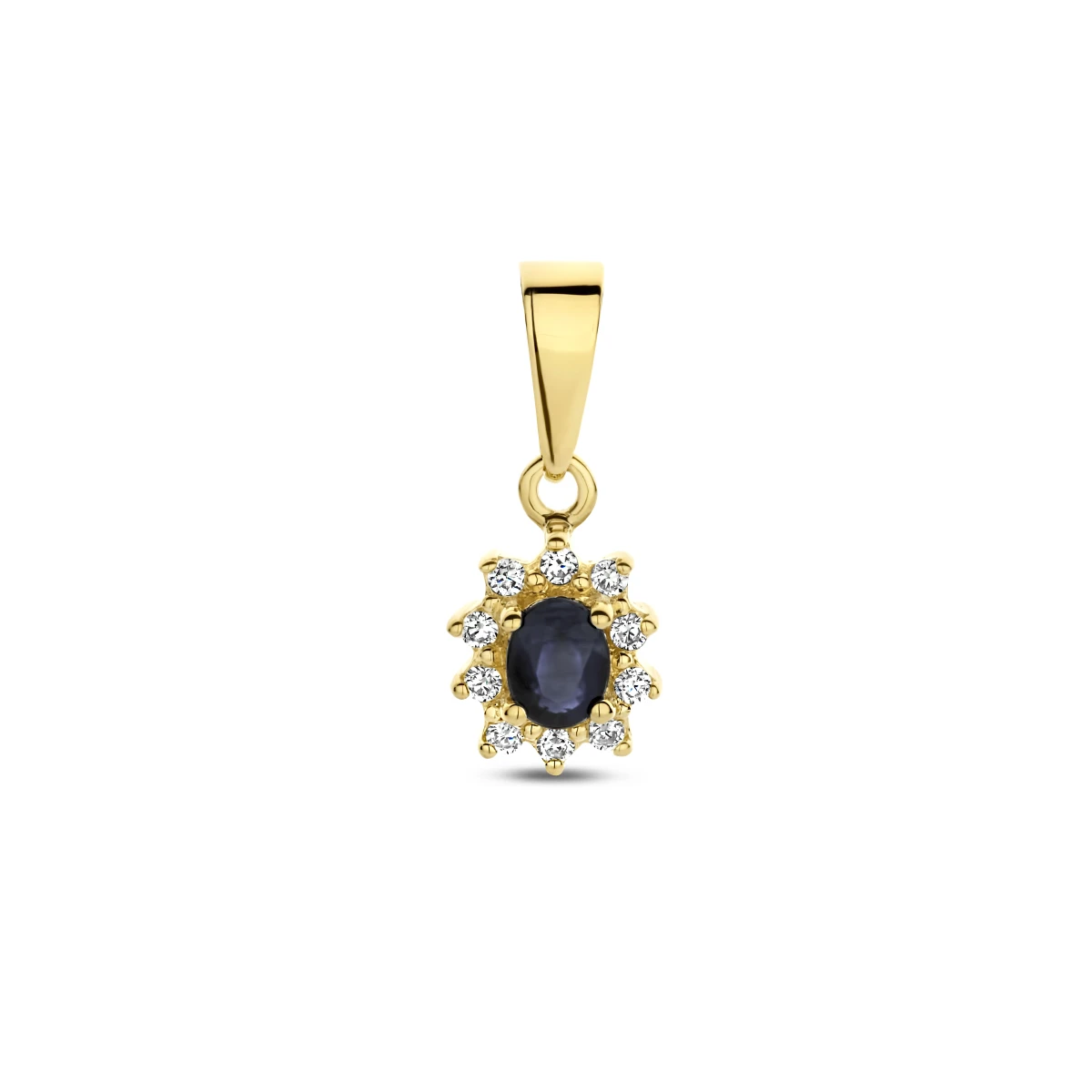 hanger saffier en diamant 0.08 ct halo 10 mm 14K geelgoud