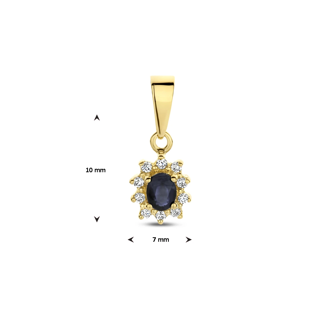 hanger saffier en diamant 0.08 ct halo 10 mm 14K geelgoud