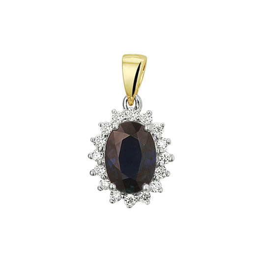 hanger saffier en diamant 0.11ct h si 14K bicolor goud geel/wit