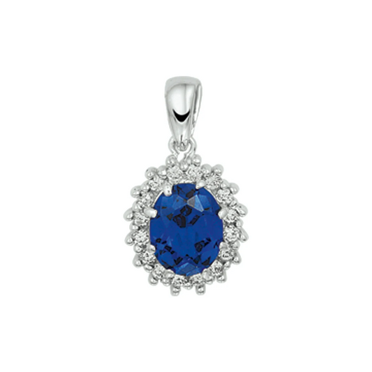 hanger zirkonia en synthetische saffier halo zilver gerhodineerd
