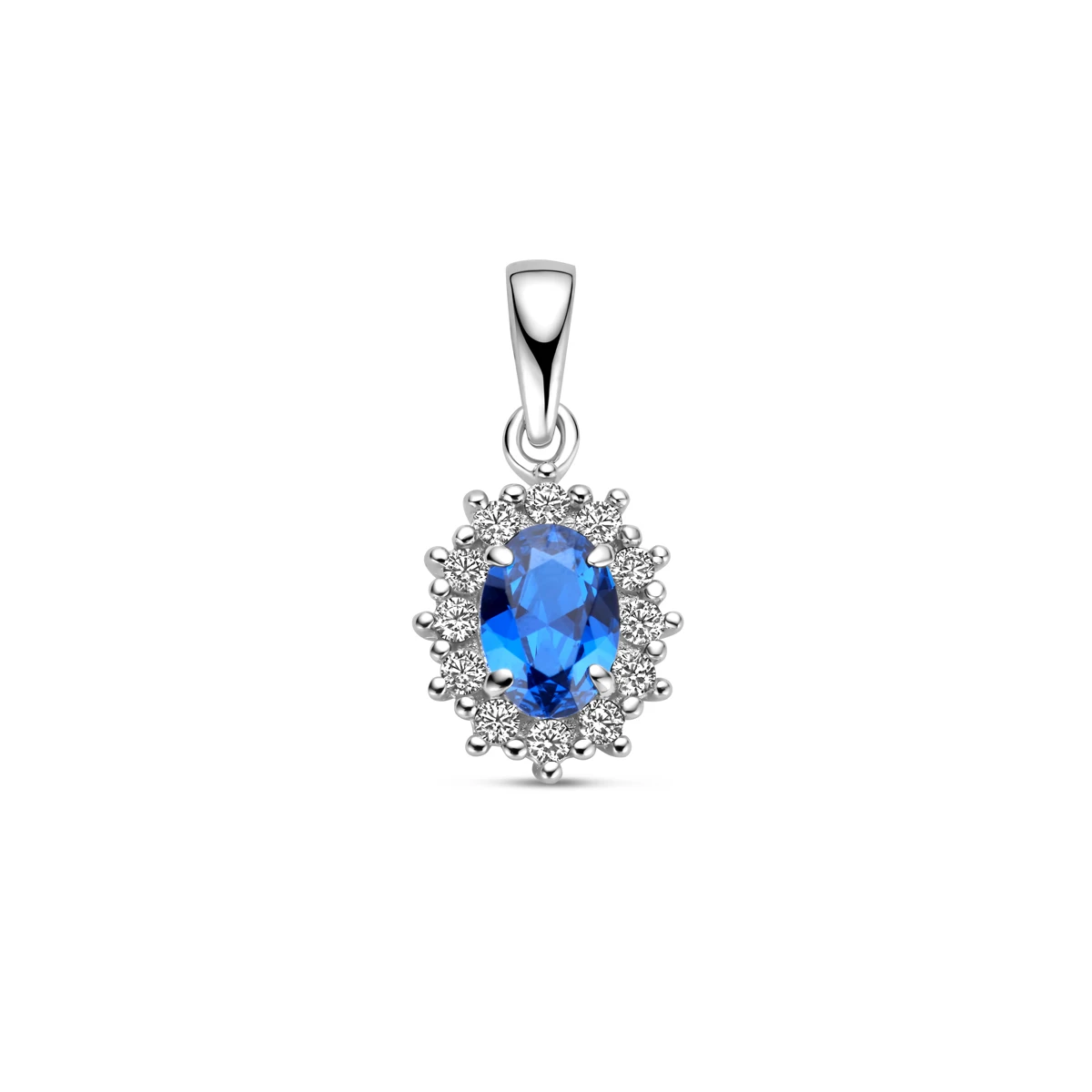 hanger zirkonia en synthetische saffier halo zilver gerhodineerd