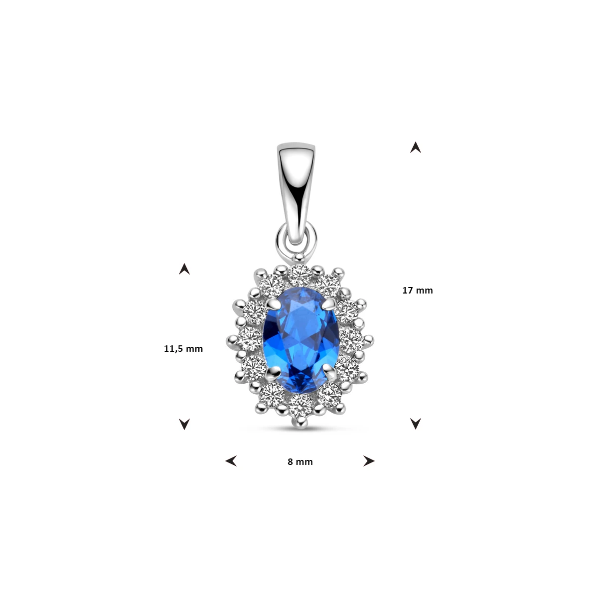 hanger zirkonia en synthetische saffier halo zilver gerhodineerd