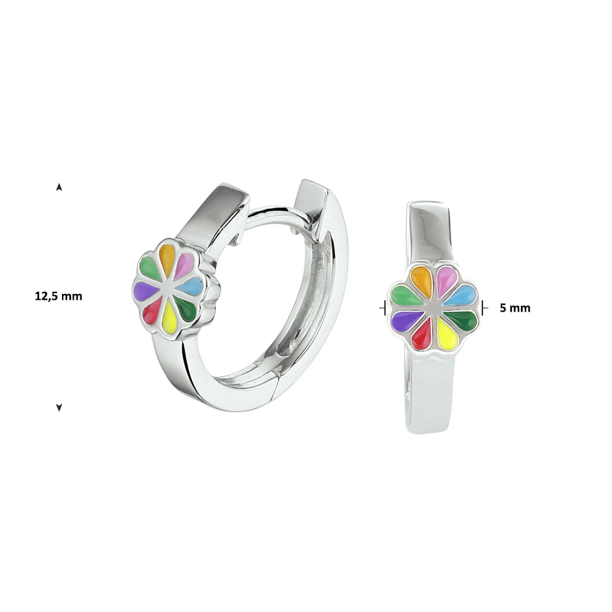 klapoorringen bloem emaille 12,5 mm zilver gerhodineerd