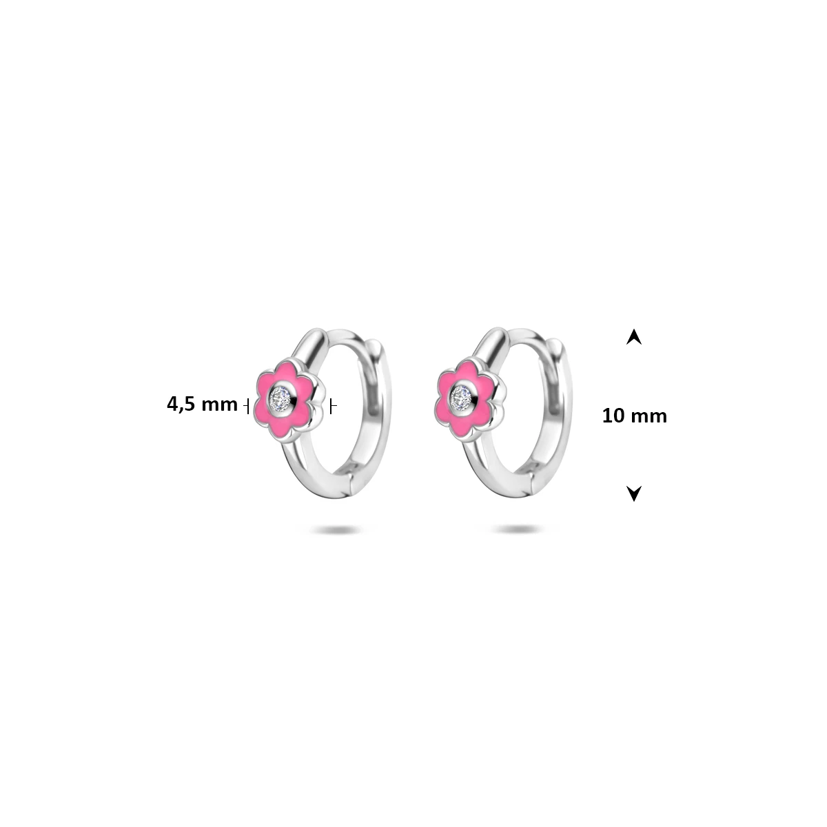 klapoorringen bloem roze emaille 10 mm zilver gerhodineerd