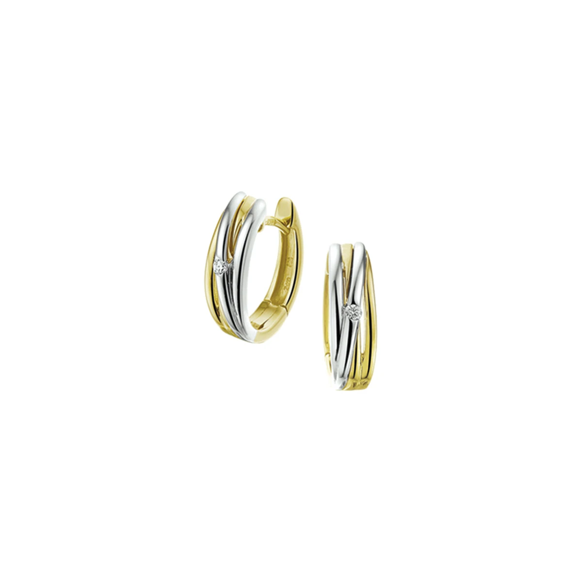 klapoorringen diamant 0.04ct (2x0.02ct) h si 14K bicolor goud geel/wit