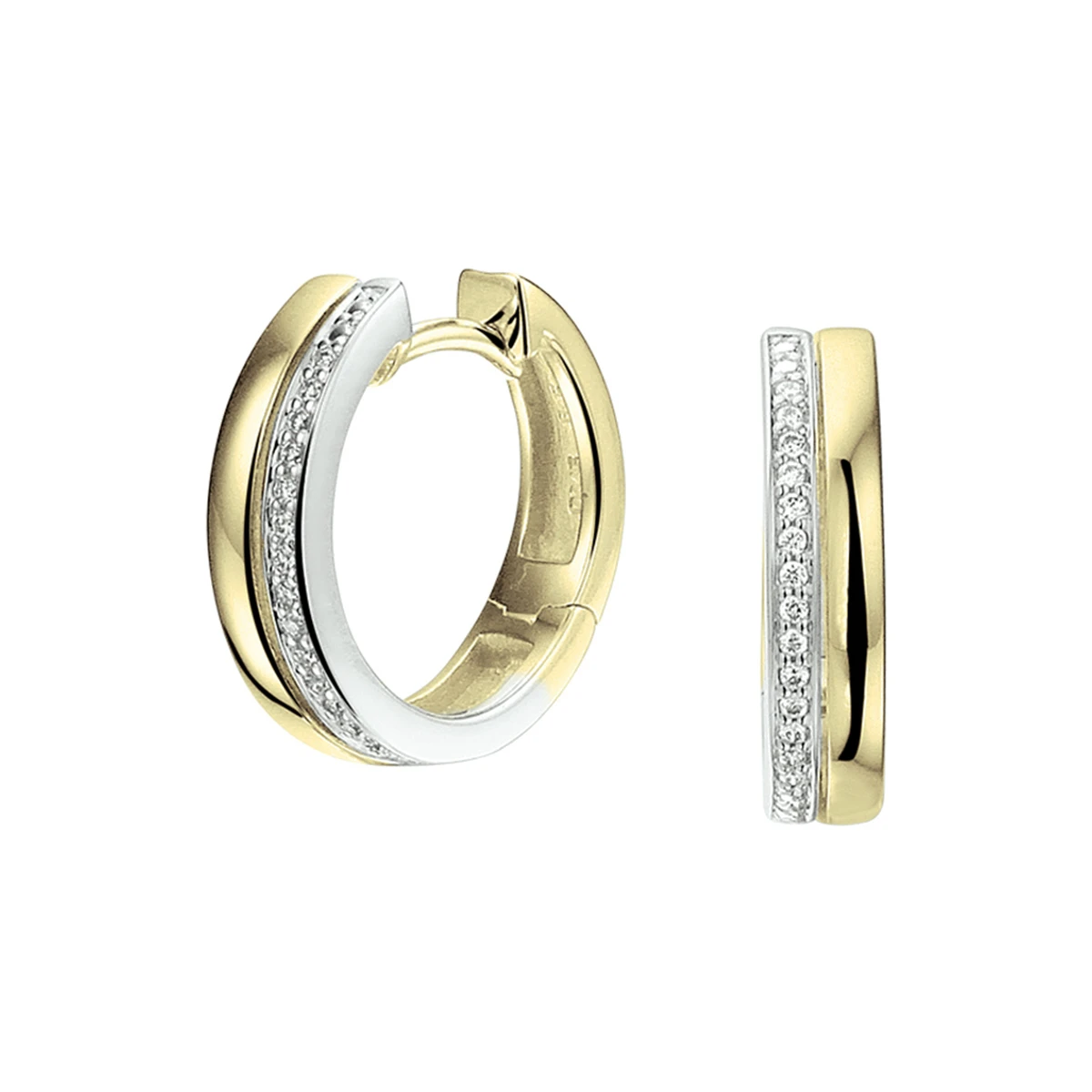 klapoorringen diamant 0.09ct (2x 0.045ct) h si 14K bicolor goud geel/wit