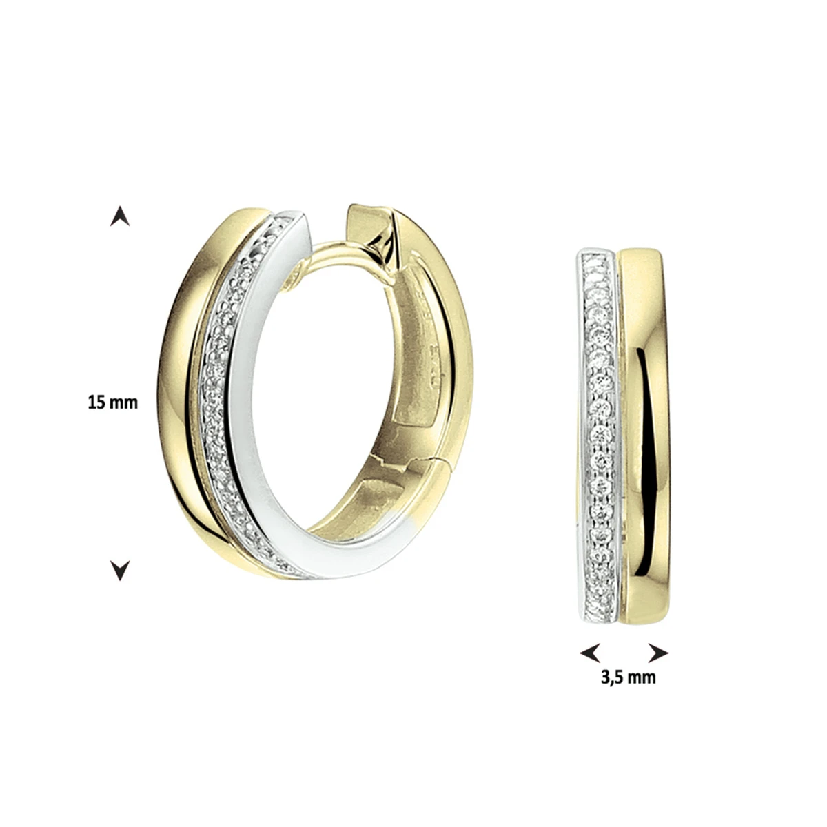 klapoorringen diamant 0.09ct (2x 0.045ct) h si 14K bicolor goud geel/wit