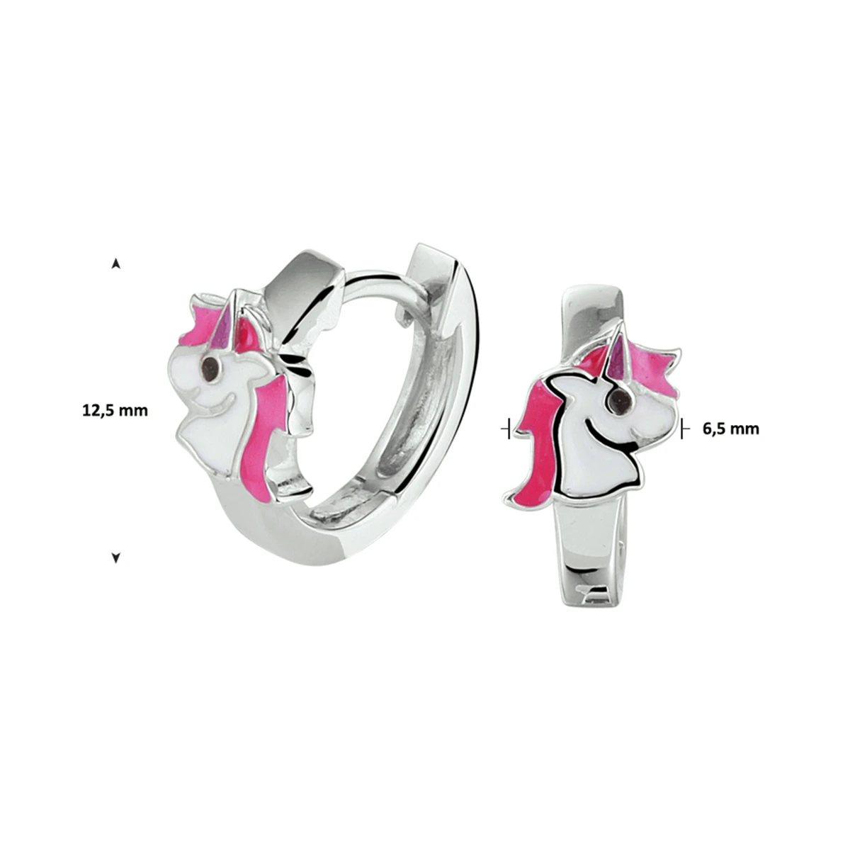 klapoorringen emaille eenhoorn 12,5 mm zilver gerhodineerd