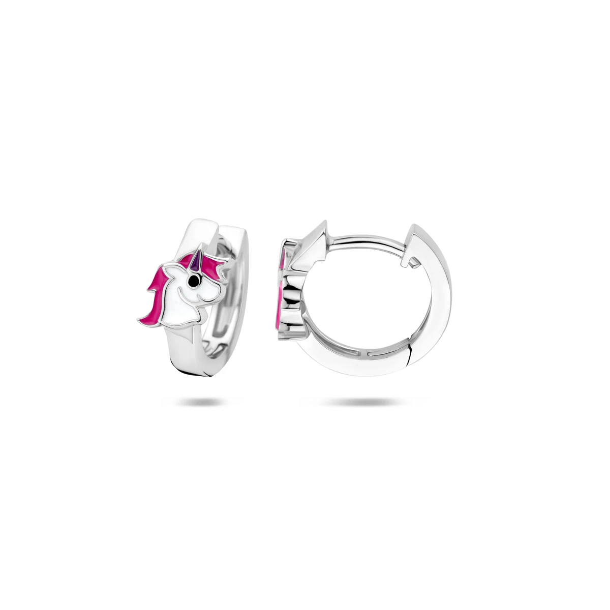 klapoorringen emaille eenhoorn 12,5 mm zilver gerhodineerd