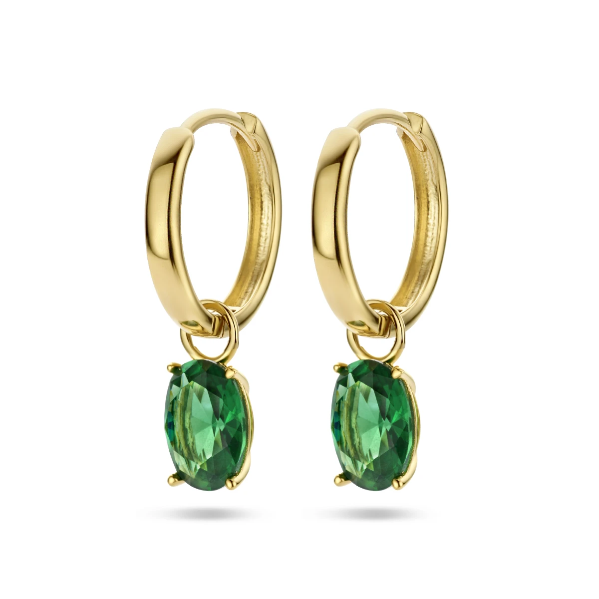 klapoorringen hanger groen zirkonia 14K geelgoud