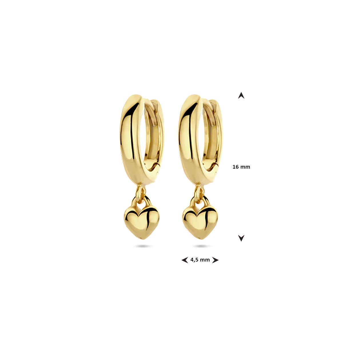 klapoorringen hanger hartje 16 mm 1 micron zilver verguld (geel)