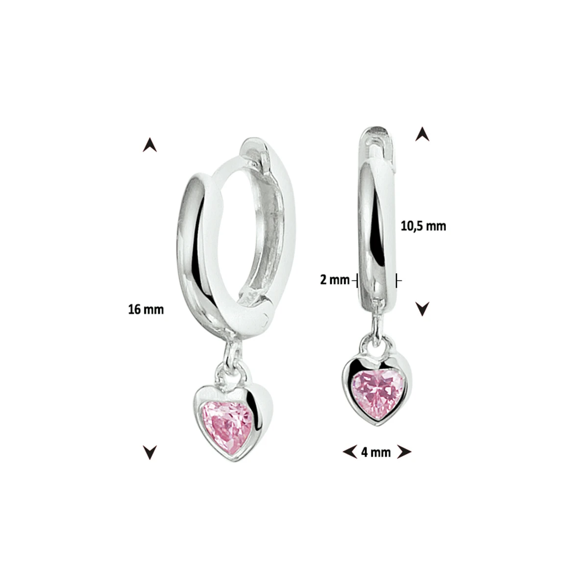klapoorringen hart roze zirkonia zilver gerhodineerd