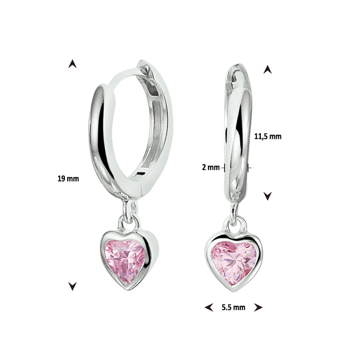 klapoorringen hart roze zirkonia zilver gerhodineerd