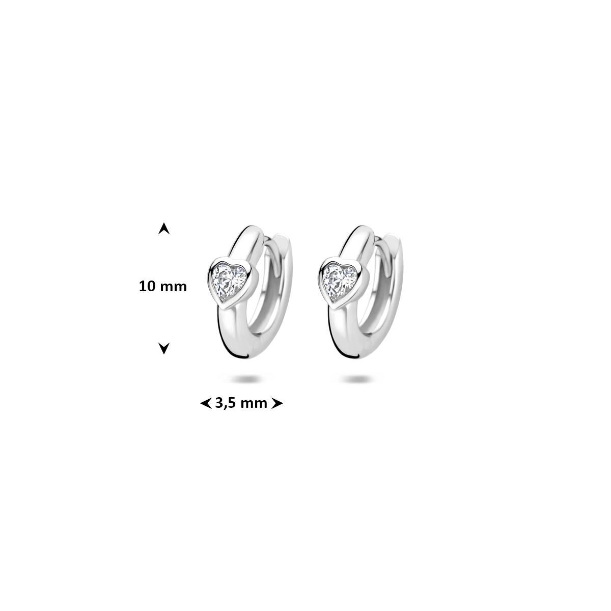 klapoorringen hart zirkonia 10 mm zilver gerhodineerd