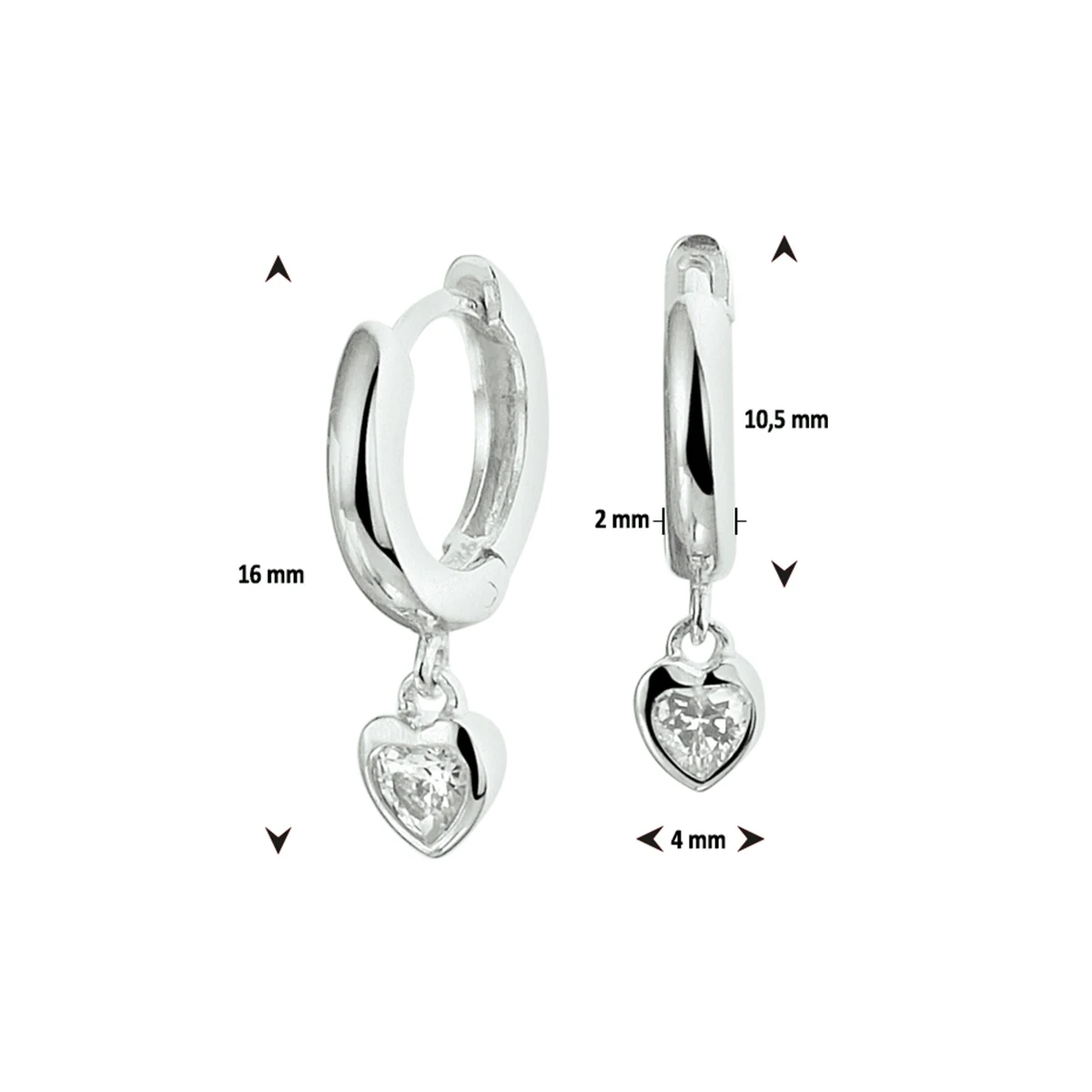 klapoorringen hart zirkonia zilver gerhodineerd