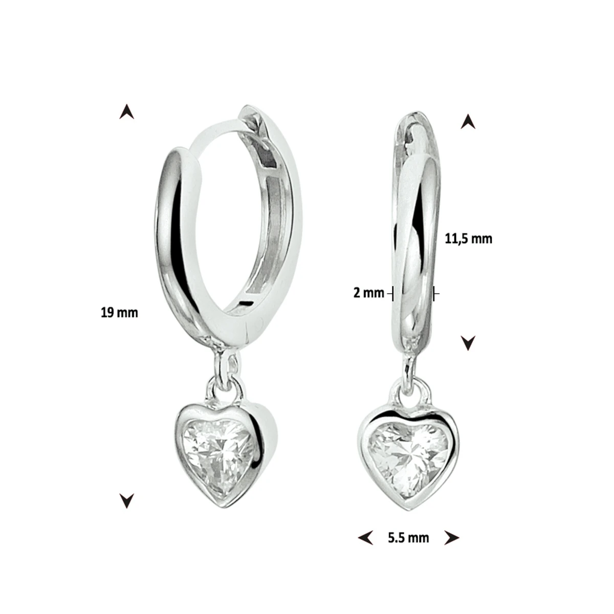 klapoorringen hart zirkonia zilver gerhodineerd