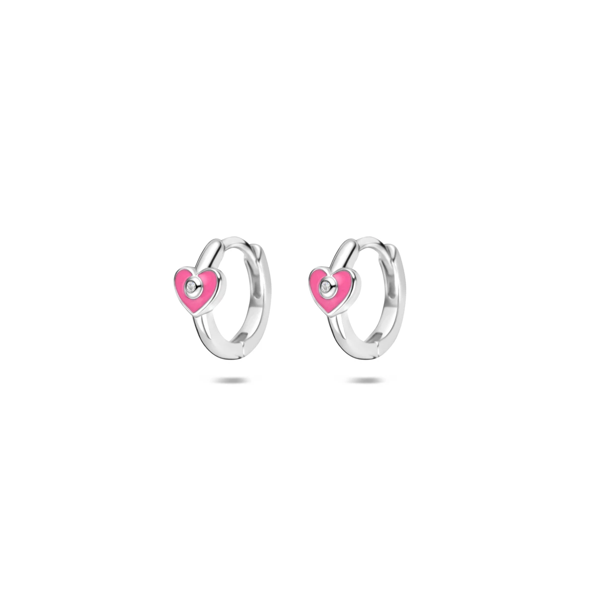 klapoorringen hartje roze emaille en zirkonia 9,5 mm zilver gerhodineerd