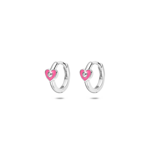 klapoorringen hartje roze emaille en zirkonia 9,5 mm zilver gerhodineerd