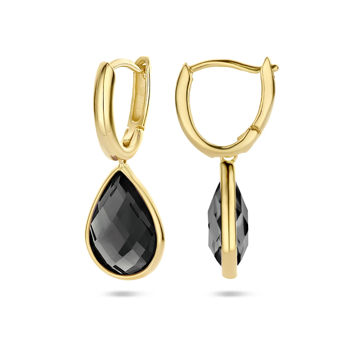 klapoorringen onyx 26 mm 14K geelgoud