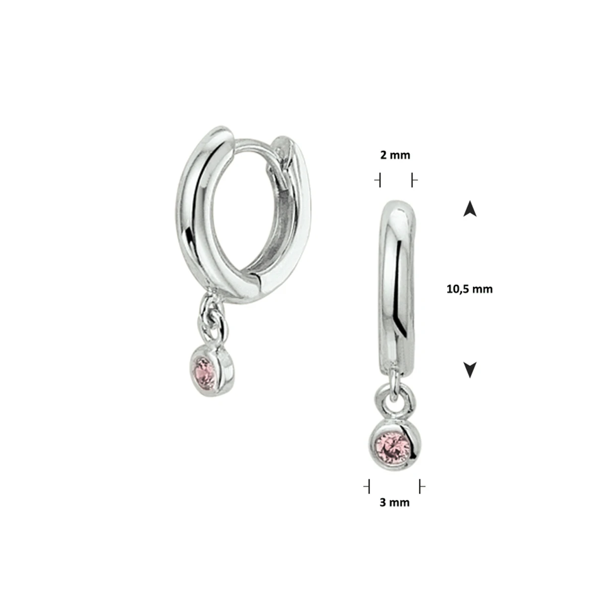 klapoorringen roze zirkonia 15 mm zilver gerhodineerd