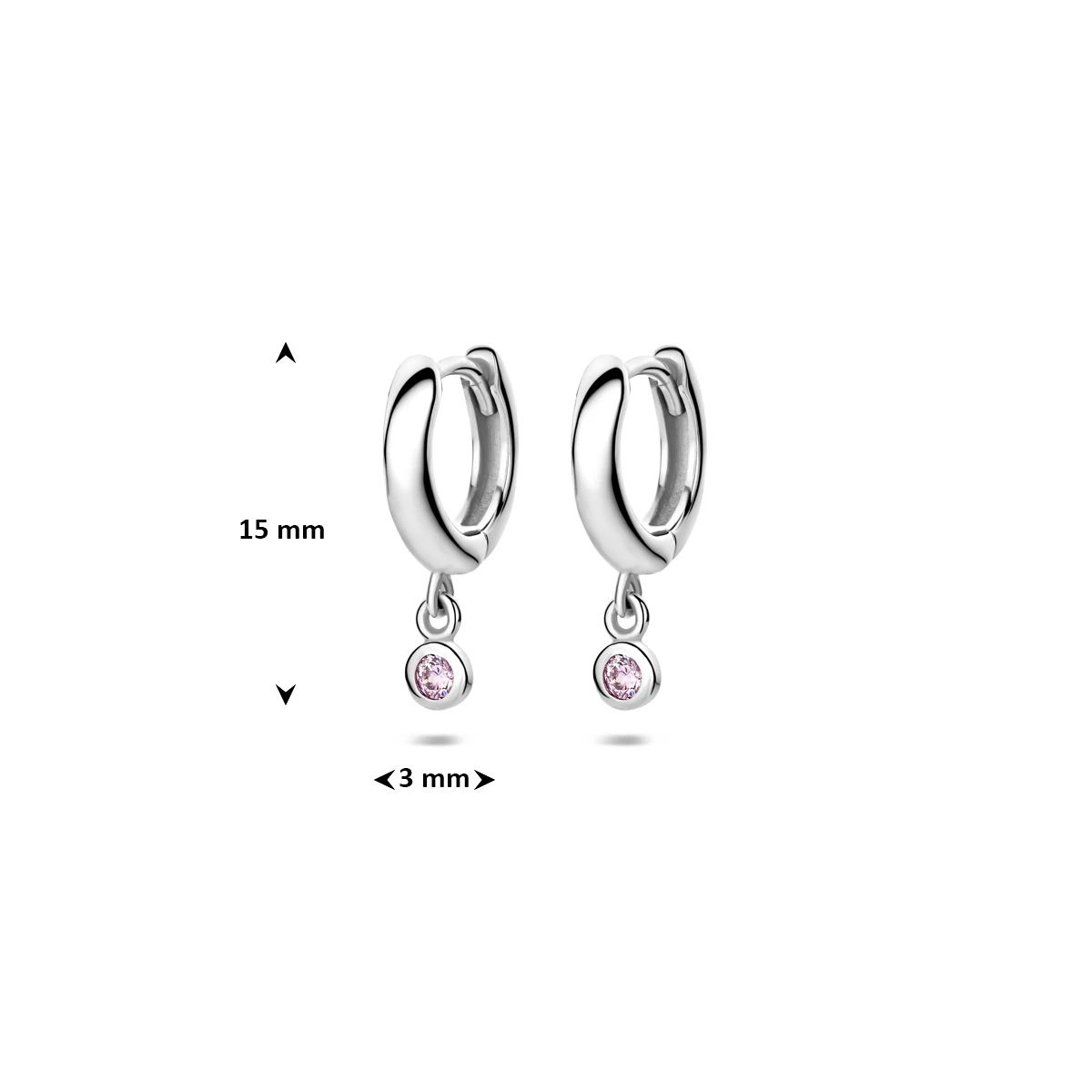 klapoorringen roze zirkonia 15 mm zilver gerhodineerd