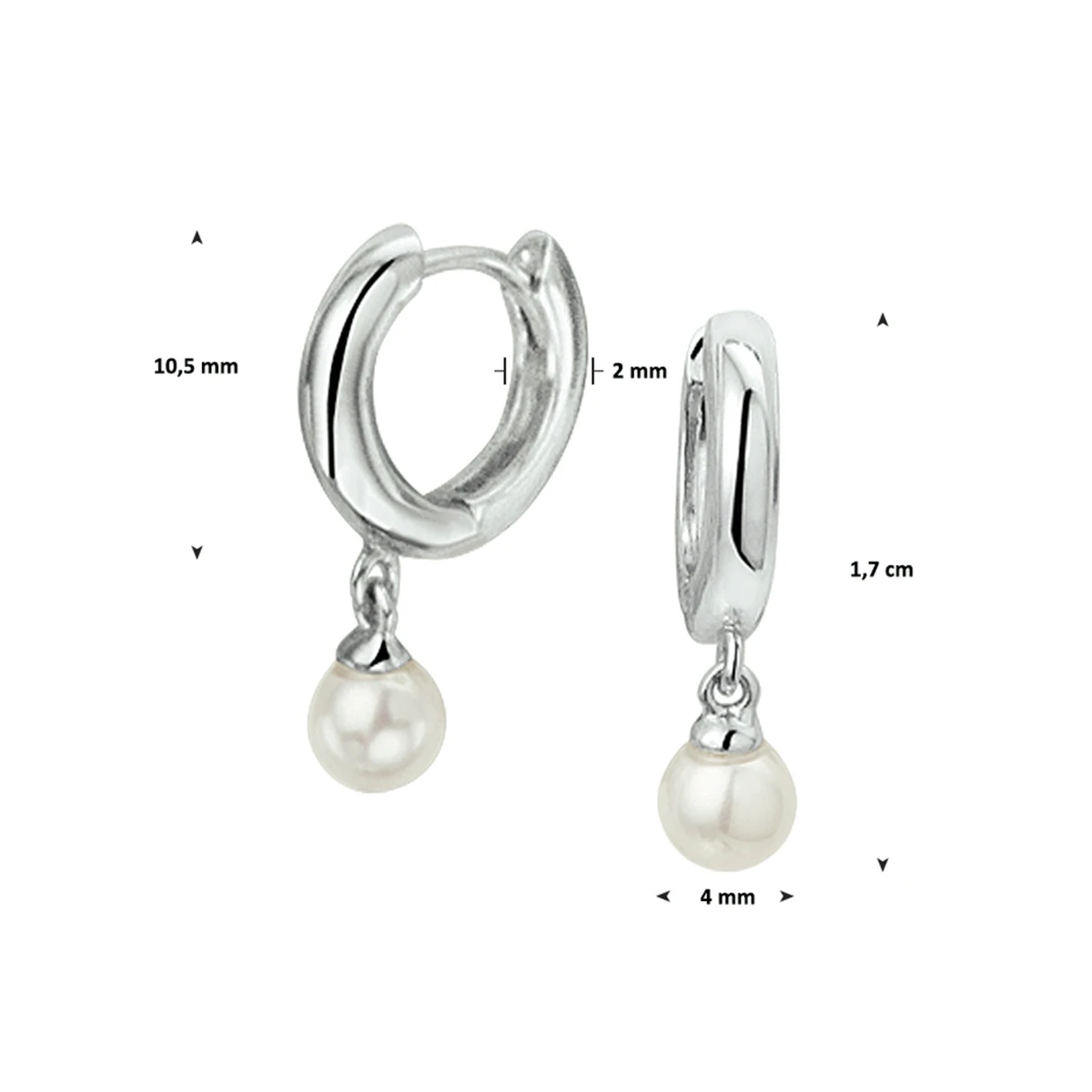 klapoorringen synth. parel 17 mm zilver gerhodineerd