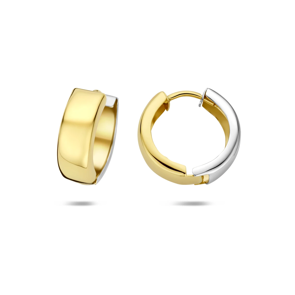 klapoorringen vlakke buis 14K bicolor goud geel/wit