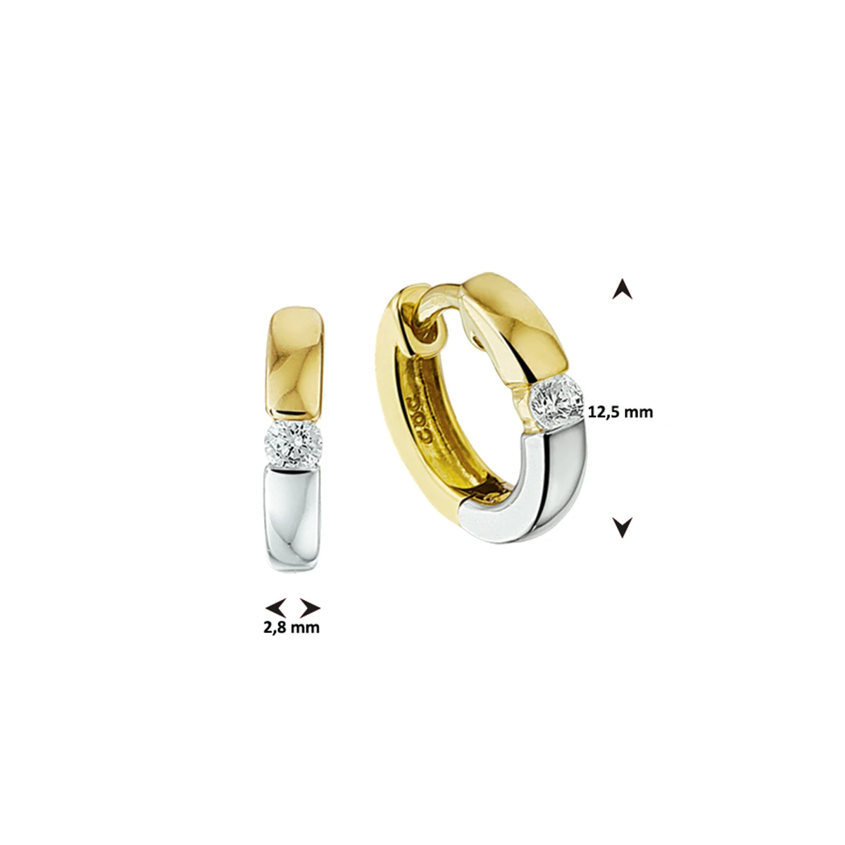 klapoorringen zirkonia 14K bicolor goud geel/wit