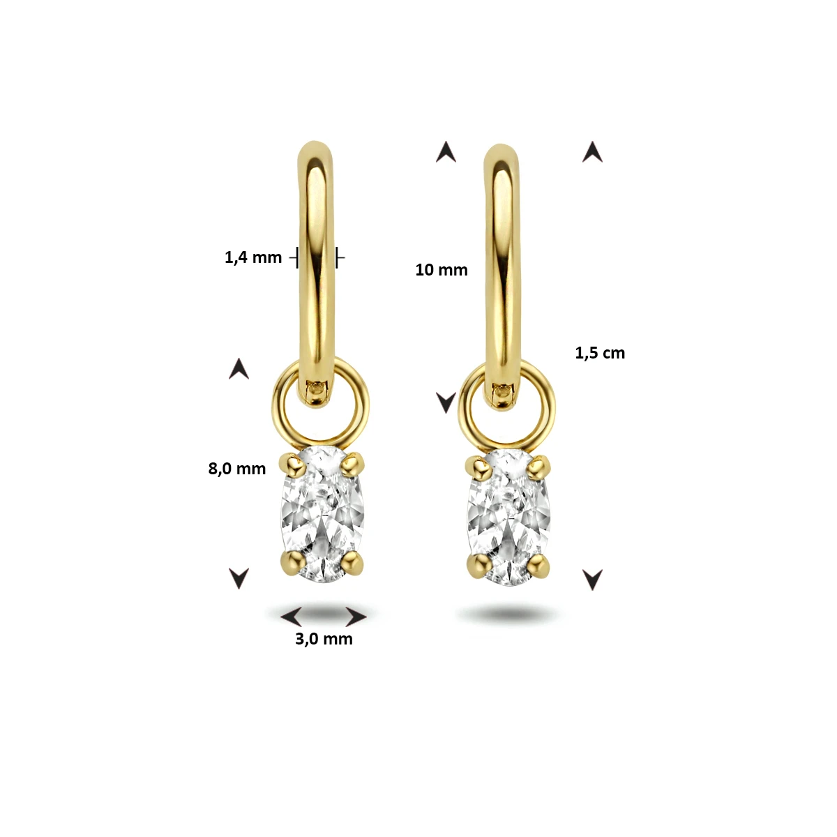 klapoorringen zirkonia 15 mm 14K geelgoud