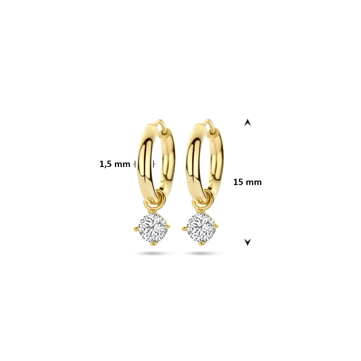 klapoorringen zirkonia 15 mm 14K geelgoud