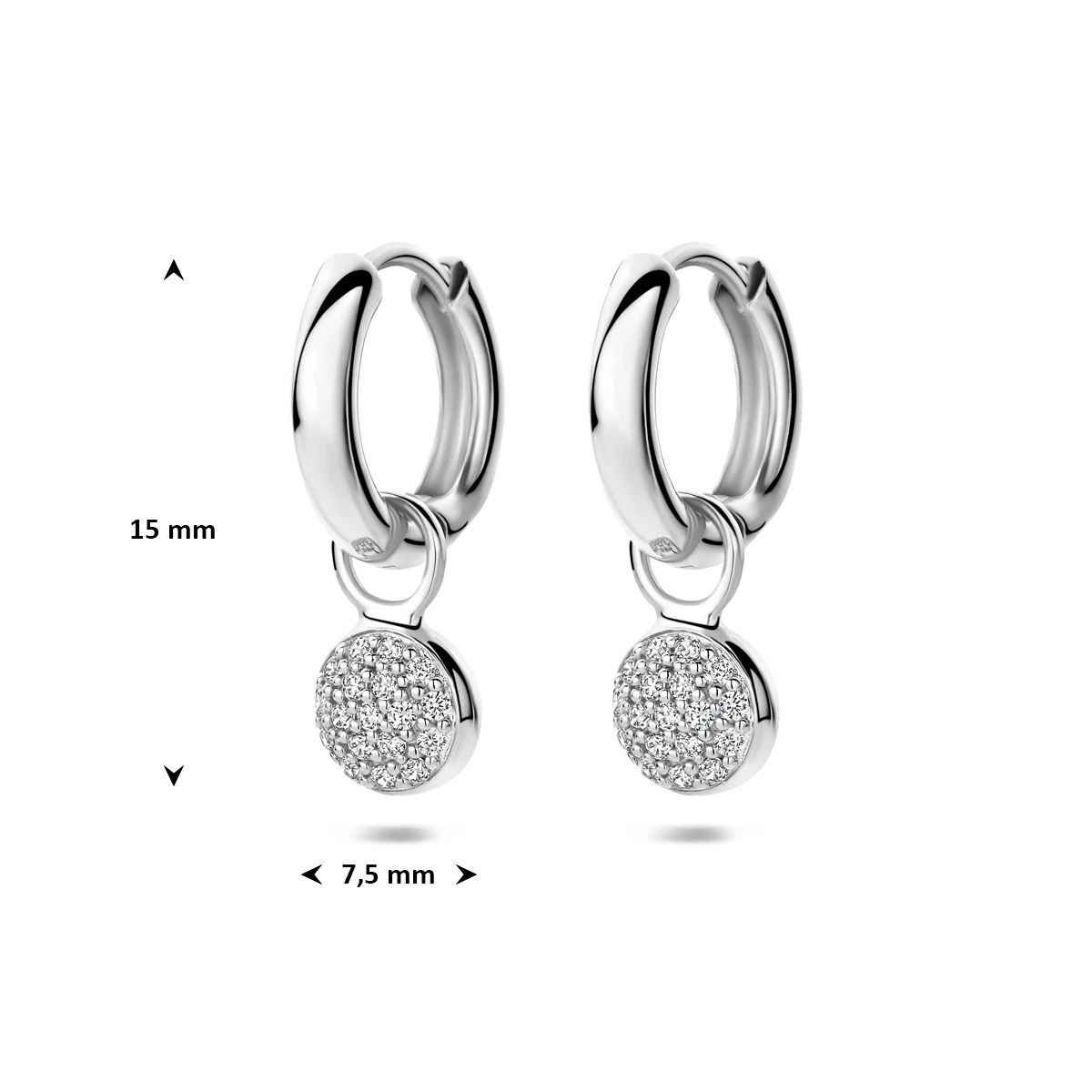 klapoorringen zirkonia 15 mm zilver gerhodineerd