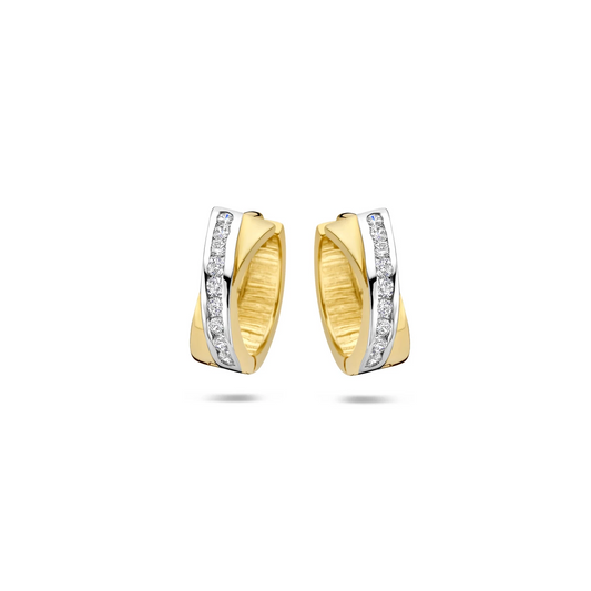klapoorringen zirkonia bicolor gestift 12,5 mm 14K geelgoud