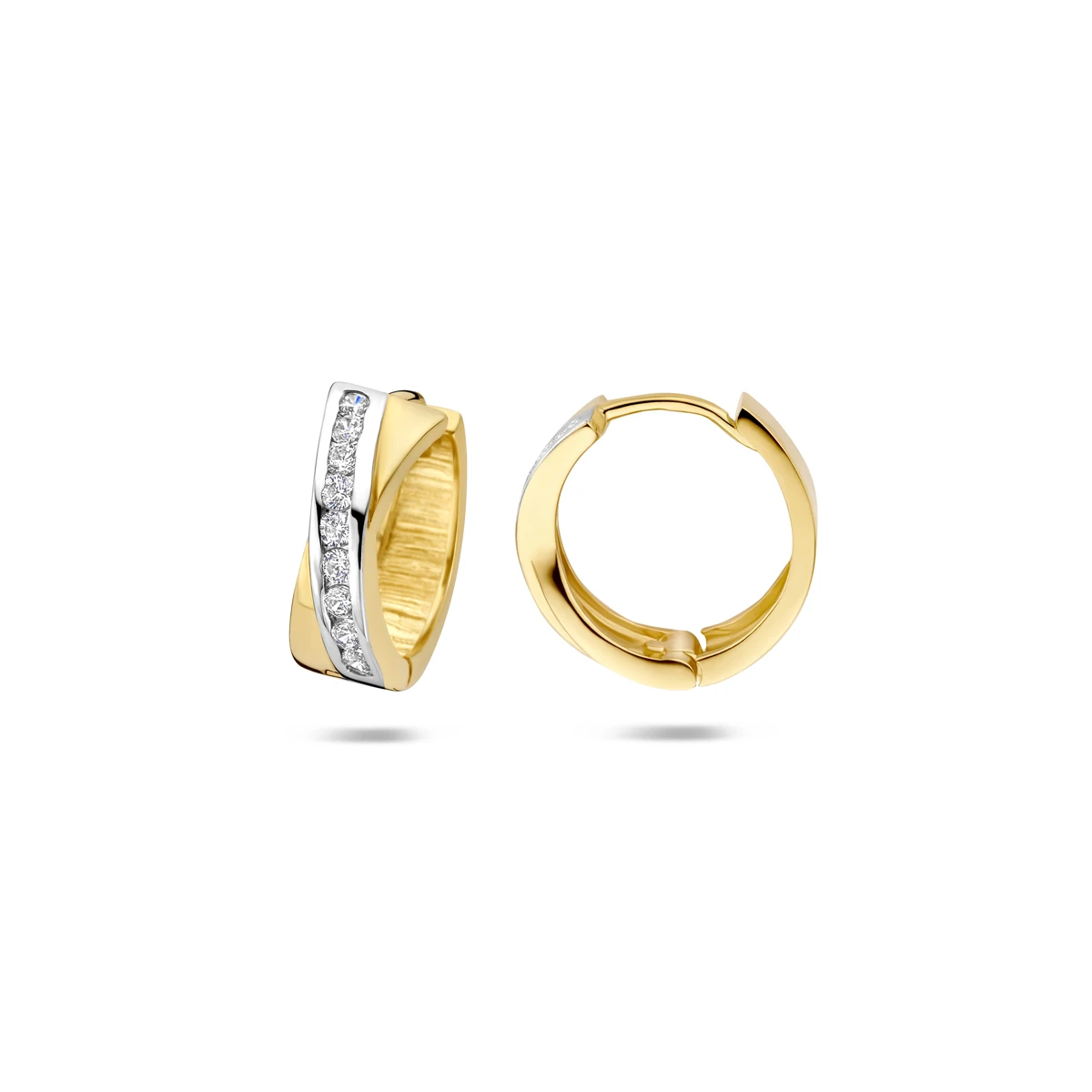 klapoorringen zirkonia bicolor gestift 12,5 mm 14K geelgoud