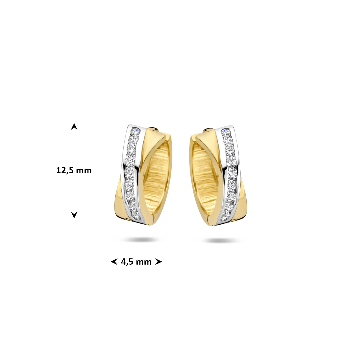 klapoorringen zirkonia bicolor gestift 12,5 mm 14K geelgoud