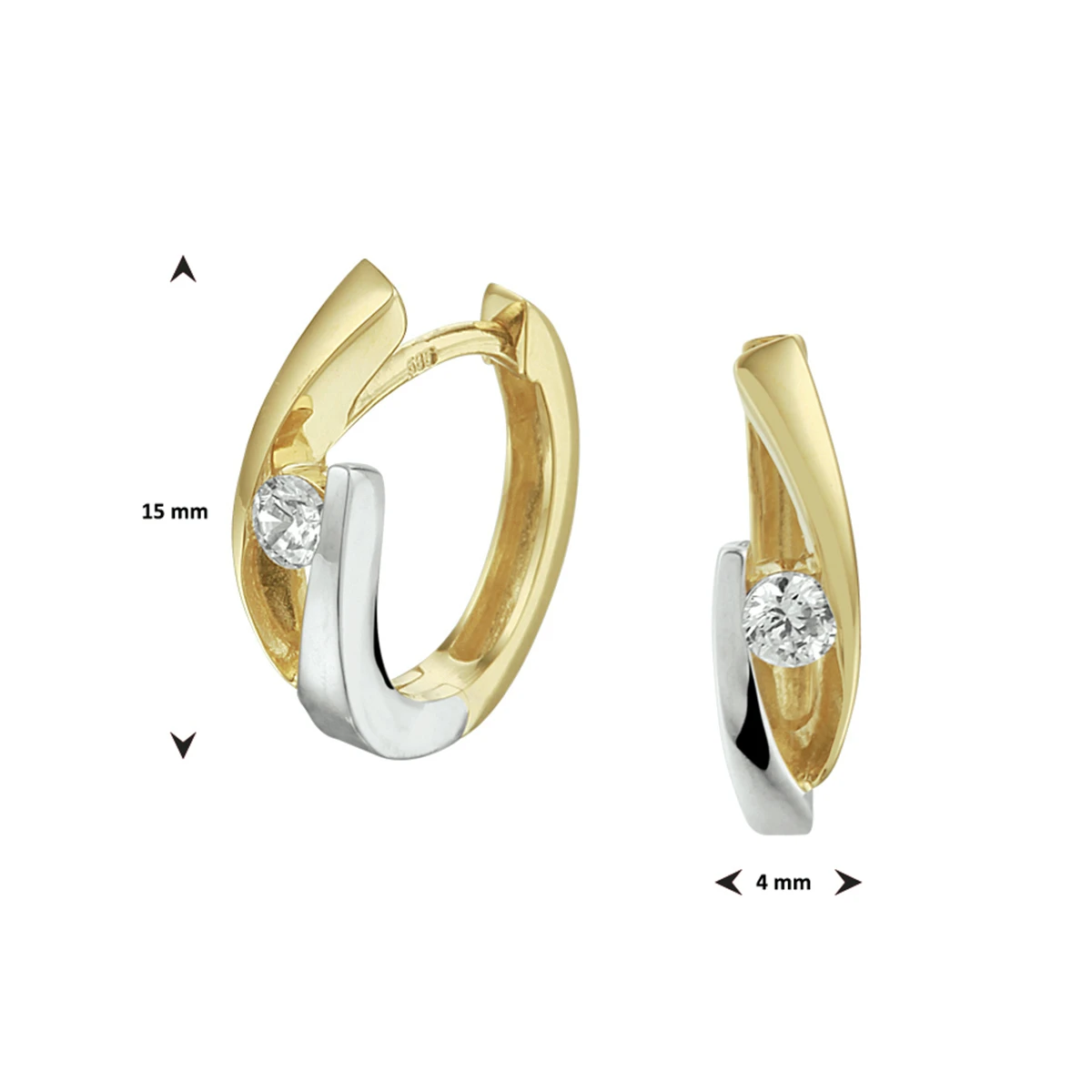 klapoorringen zirkonia bicolor gestift 14K geelgoud