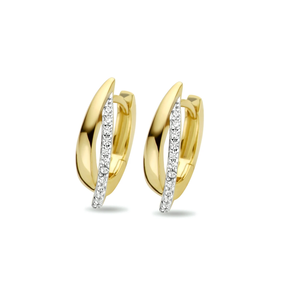 klapoorringen zirkonia bicolor gestift 14K geelgoud