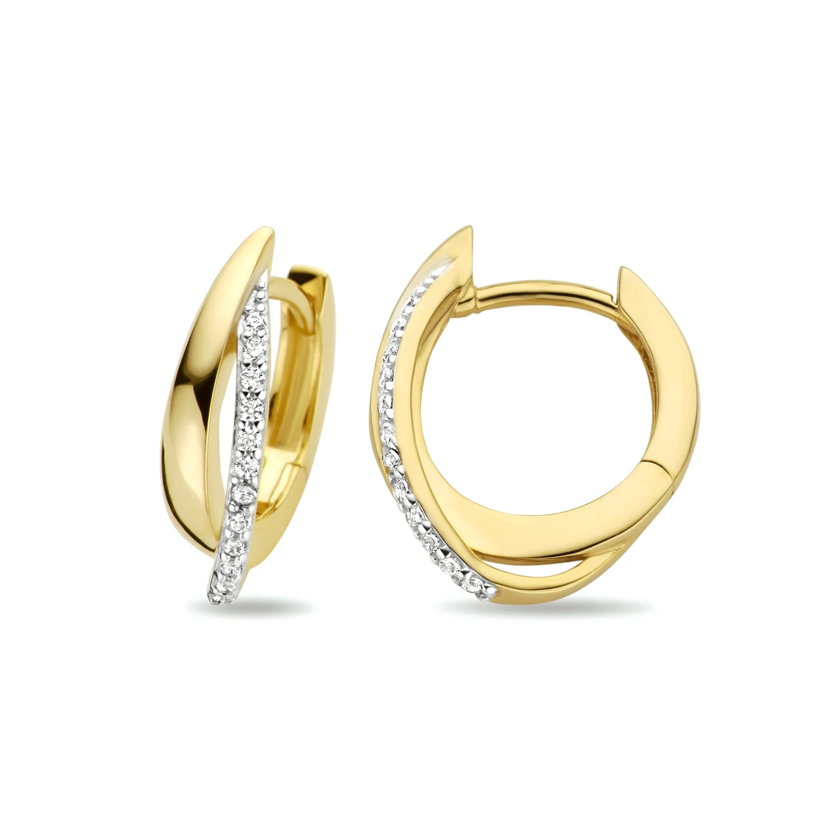 klapoorringen zirkonia bicolor gestift 14K geelgoud