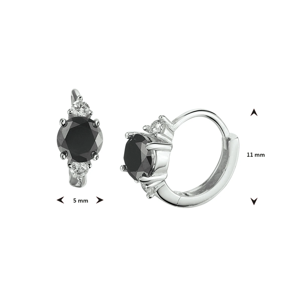 klapoorringen zwart en wit zirkonia zilver gerhodineerd