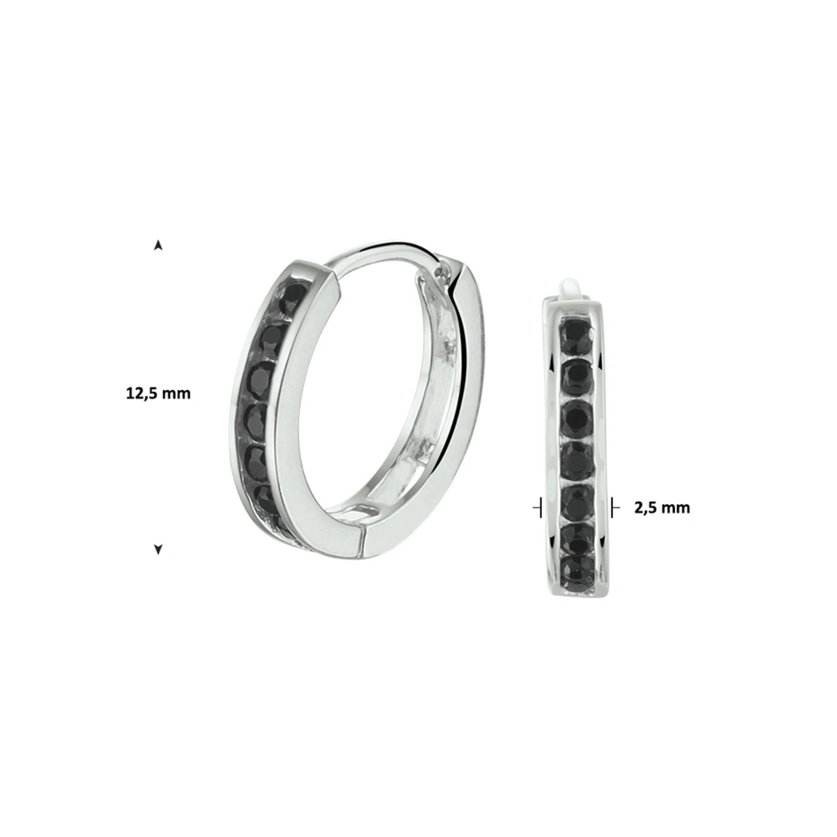klapoorringen zwart zirkonia 12,5 mm zilver gerhodineerd