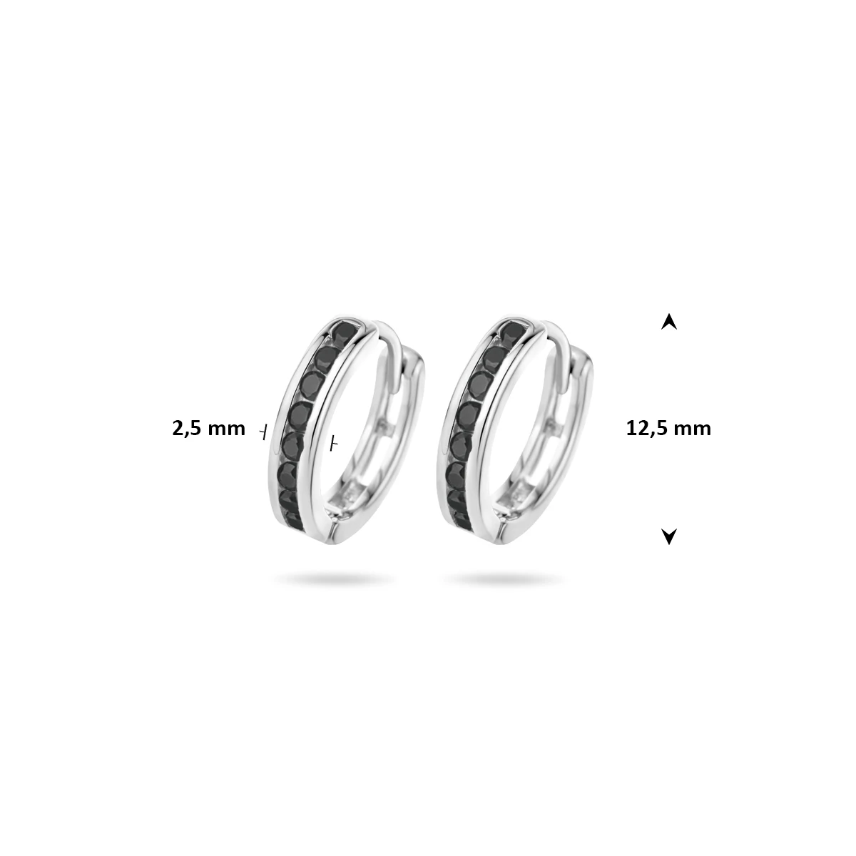 klapoorringen zwart zirkonia 12,5 mm zilver gerhodineerd