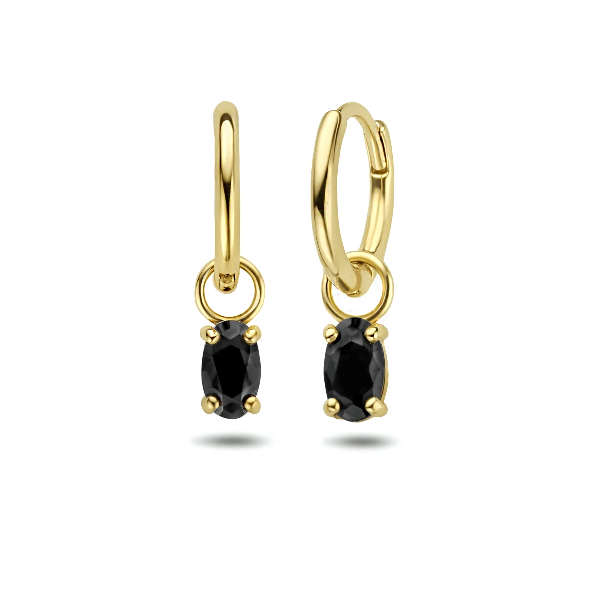 klapoorringen zwart zirkonia 15 mm 14K geelgoud