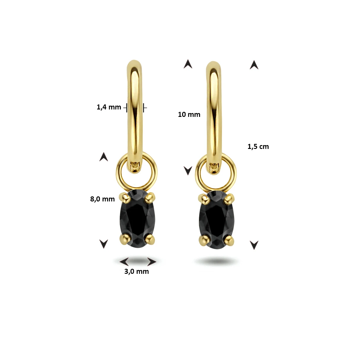 klapoorringen zwart zirkonia 15 mm 14K geelgoud