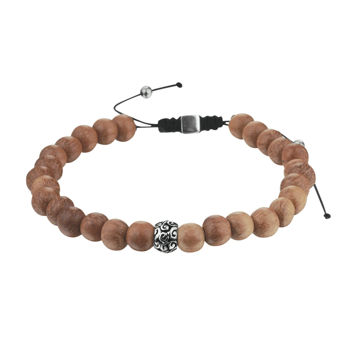 kralenarmband lichtbruin hout 6,5 mm 19 - 26 cm zilver gerhodineerd met rubber/nylon/leer